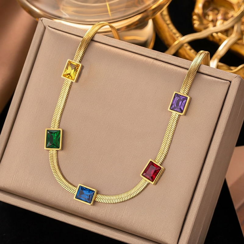 Gold Plated Stainless Steel Anti Tarnish Snake Chain Multicolor Emerald Studded Necklace