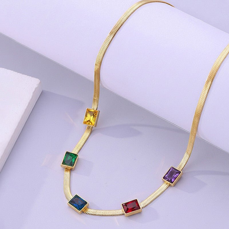 Gold Plated Stainless Steel Anti Tarnish Snake Chain Multicolor Emerald Studded Necklace