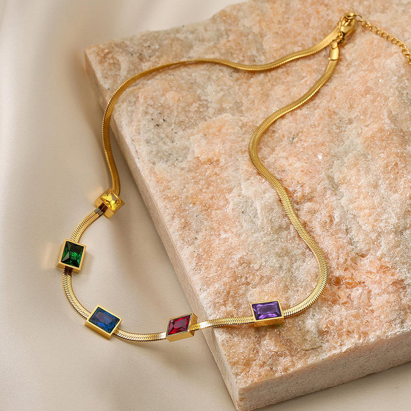 Gold Plated Stainless Steel Anti Tarnish Snake Chain Multicolor Emerald Studded Necklace