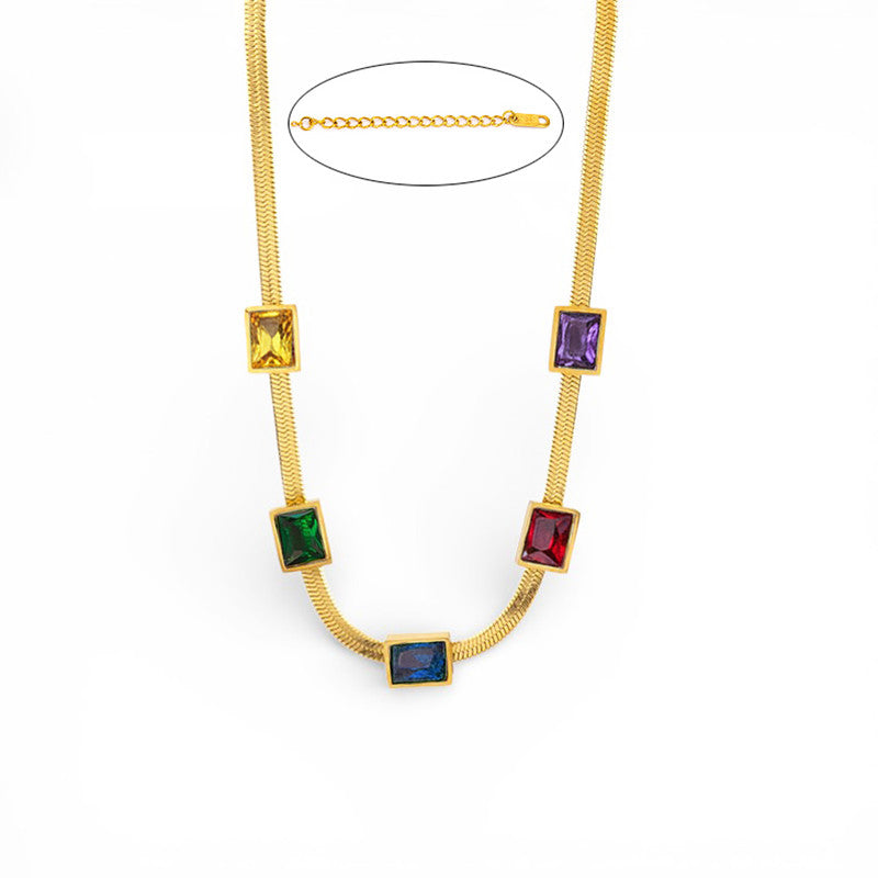 Gold Plated Stainless Steel Anti Tarnish Snake Chain Multicolor Emerald Studded Necklace