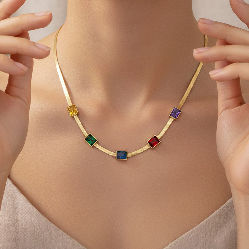 Gold Plated Stainless Steel Anti Tarnish Snake Chain Multicolor Emerald Studded Necklace
