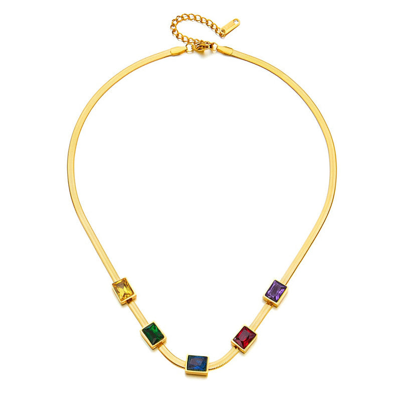 Gold Plated Stainless Steel Anti Tarnish Snake Chain Multicolor Emerald Studded Necklace