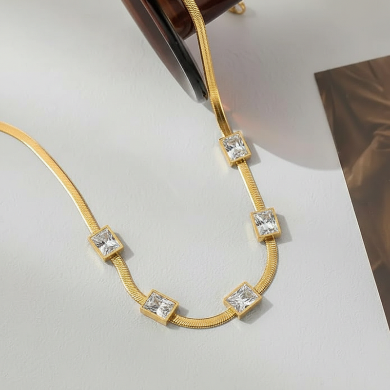 Gold Plated Stainless Steel Anti Tarnish Snake Chain White Emerald Studded Necklace