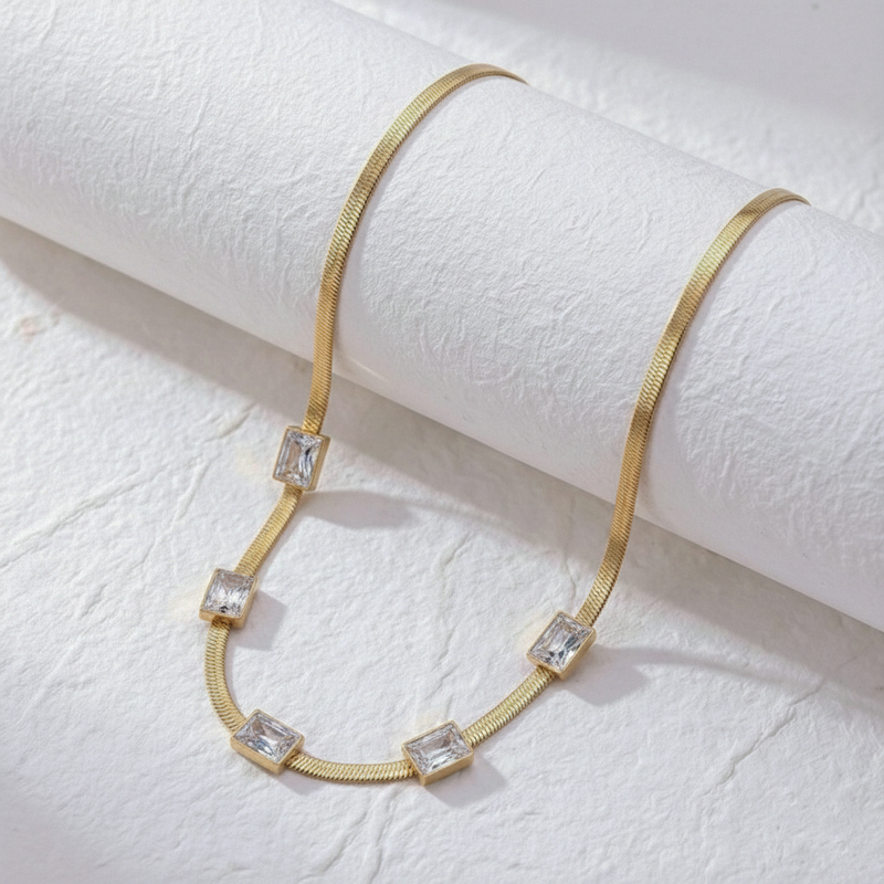 Gold Plated Stainless Steel Anti Tarnish Snake Chain White Emerald Studded Necklace