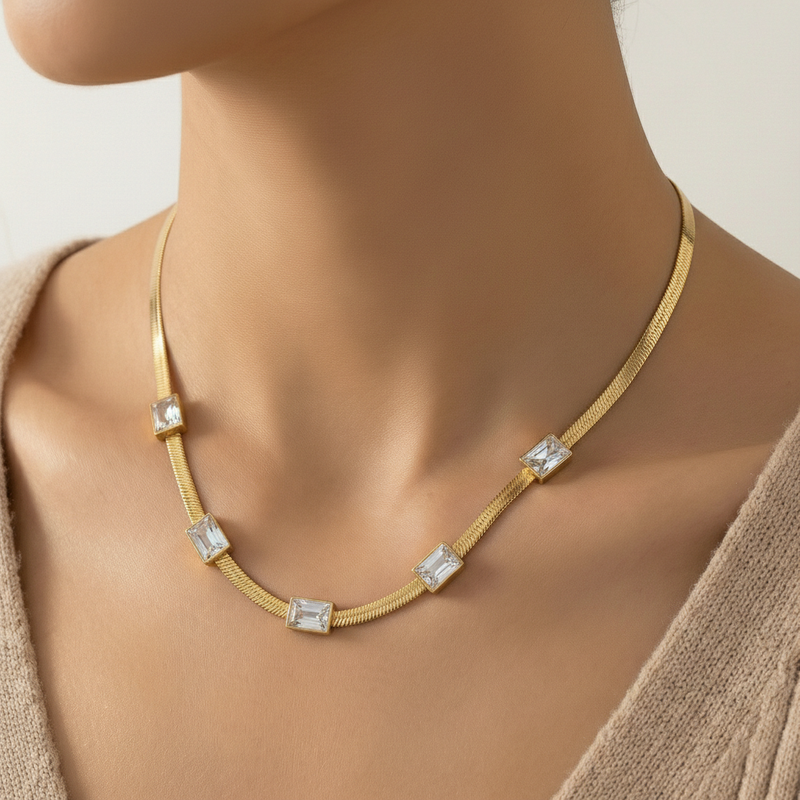 Gold Plated Stainless Steel Anti Tarnish Snake Chain White Emerald Studded Necklace