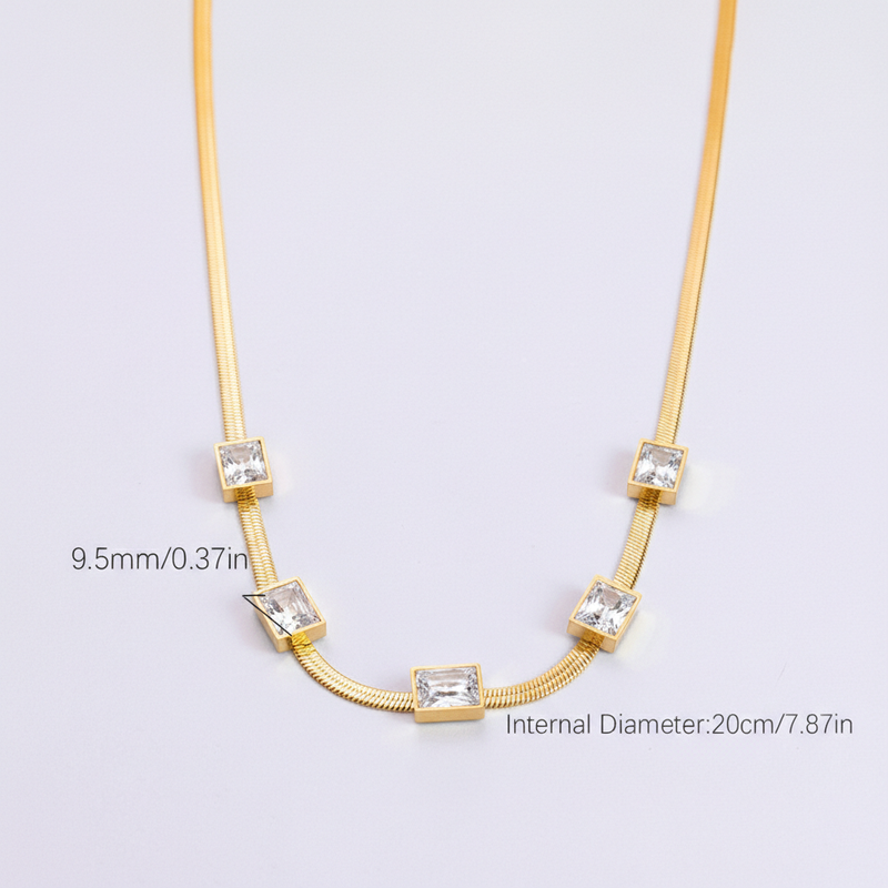 Gold Plated Stainless Steel Anti Tarnish Snake Chain White Emerald Studded Necklace