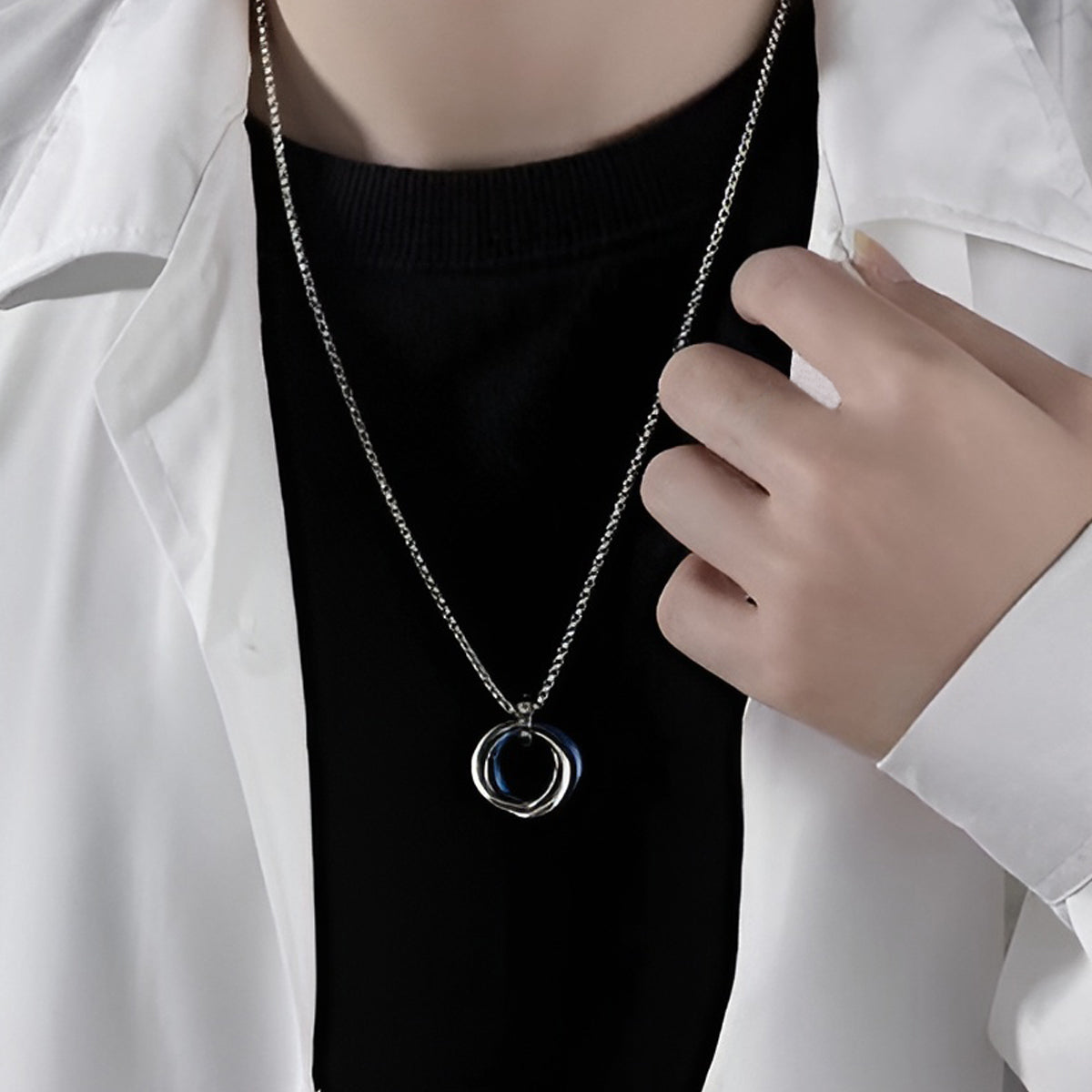 Silver Plated Stainless Steel Anti Tarnish Triple Rings Blue Circular Pendant For Men