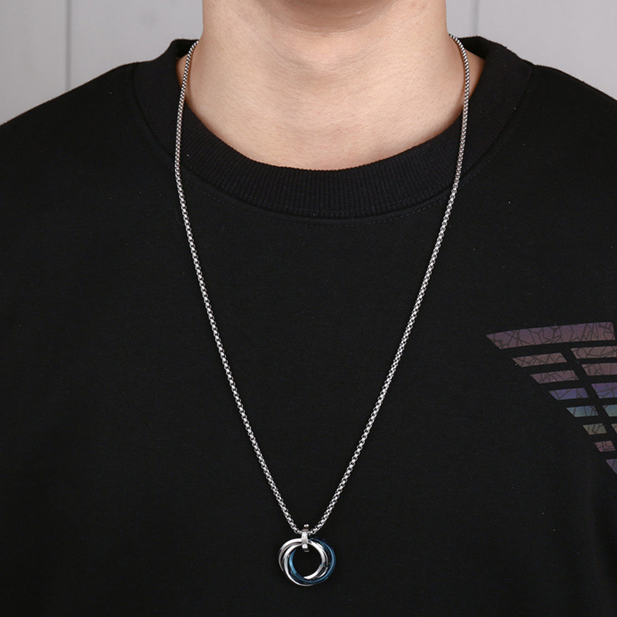 Silver Plated Stainless Steel Anti Tarnish Triple Rings Blue Circular Pendant For Men