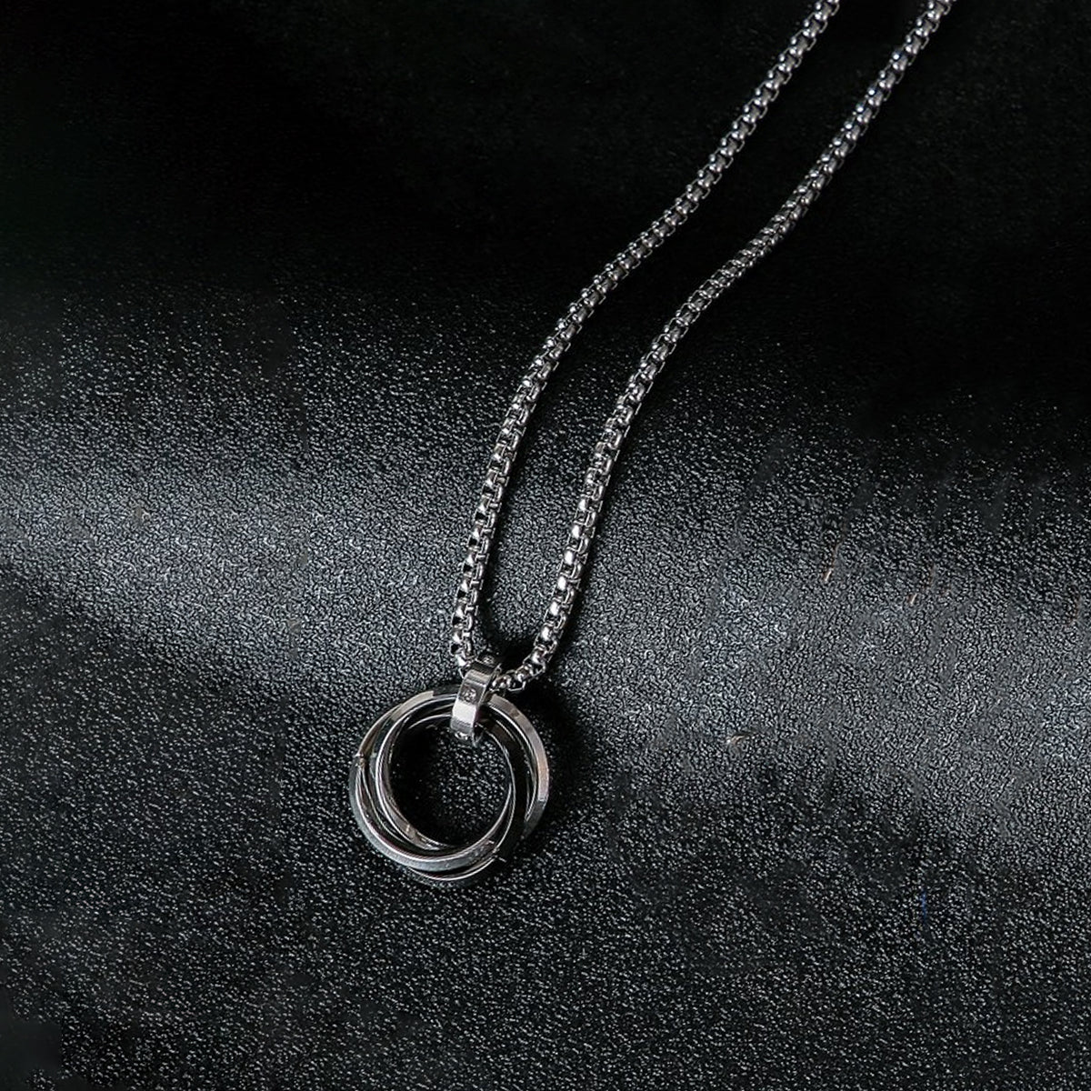 Silver Plated Stainless Steel Anti Tarnish Triple Rings Black Circular Pendant For Men