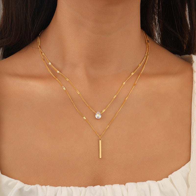 Gold Plated Stainless Steel Anti Tarnish Tear Drop CZ Dual Strand Pendant