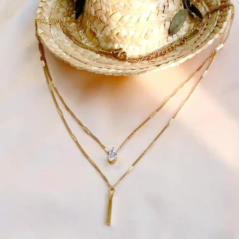 Gold Plated Stainless Steel Anti Tarnish Tear Drop CZ Dual Strand Pendant