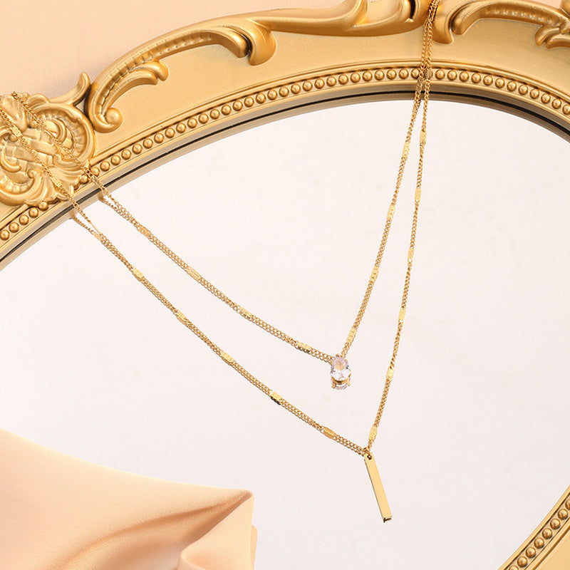 Gold Plated Stainless Steel Anti Tarnish Tear Drop CZ Dual Strand Pendant