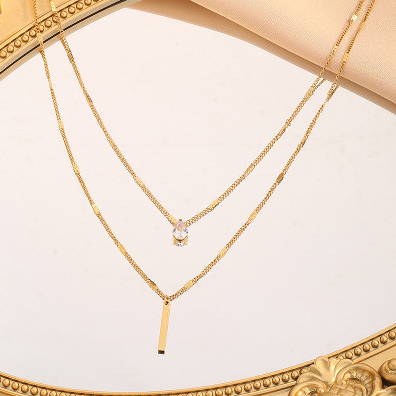 Gold Plated Stainless Steel Anti Tarnish Tear Drop CZ Dual Strand Pendant