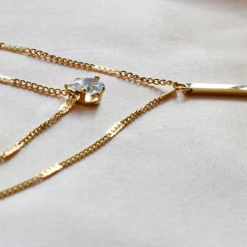 Gold Plated Stainless Steel Anti Tarnish Tear Drop CZ Dual Strand Pendant