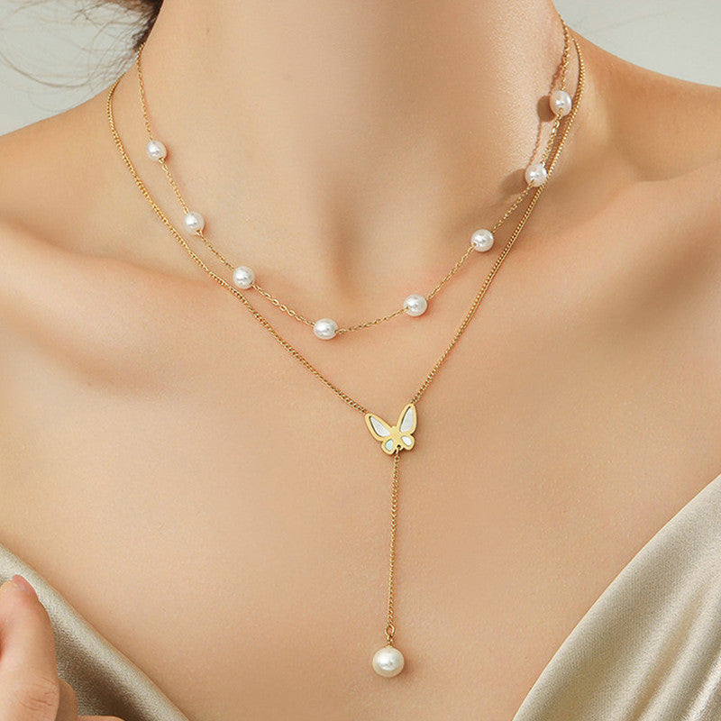 Gold Plated Anti Tarnish Stainless Steel Butterfly Themed Pearl Studded Pendant