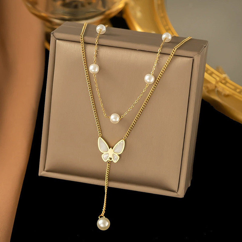 Gold Plated Anti Tarnish Stainless Steel Butterfly Themed Pearl Studded Pendant