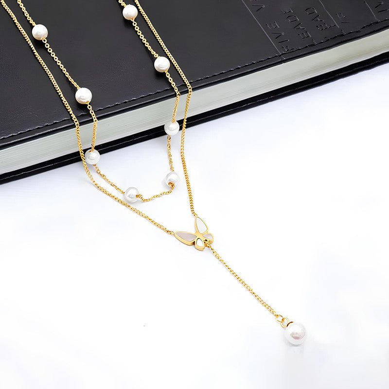 Gold Plated Anti Tarnish Stainless Steel Butterfly Themed Pearl Studded Pendant