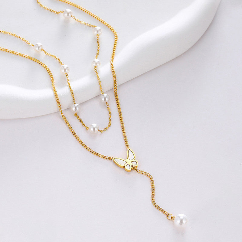 Gold Plated Anti Tarnish Stainless Steel Butterfly Themed Pearl Studded Pendant