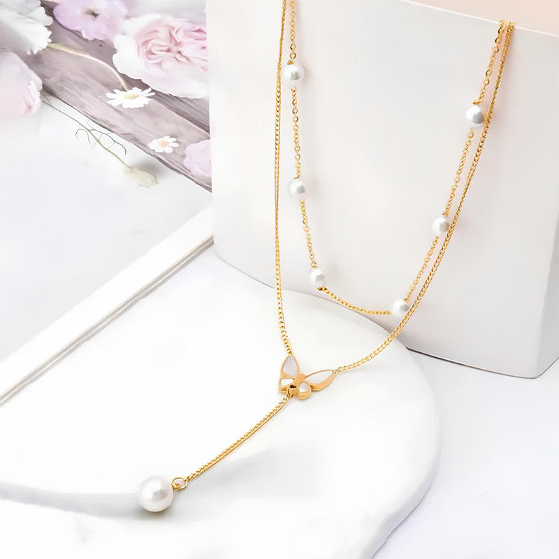 Gold Plated Anti Tarnish Stainless Steel Butterfly Themed Pearl Studded Pendant