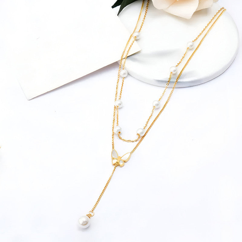 Gold Plated Anti Tarnish Stainless Steel Butterfly Themed Pearl Studded Pendant