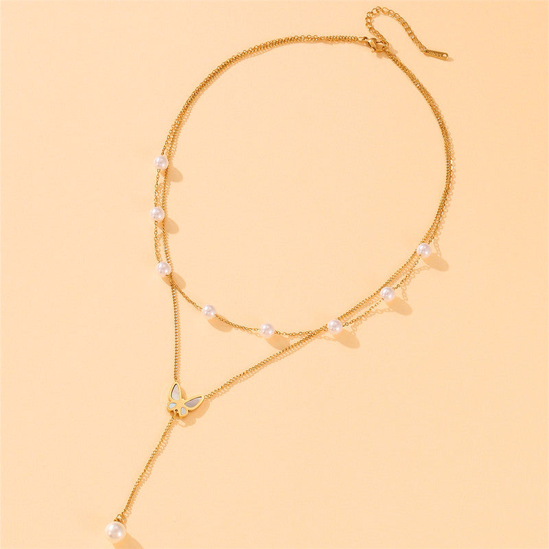 Gold Plated Anti Tarnish Stainless Steel Butterfly Themed Pearl Studded Pendant