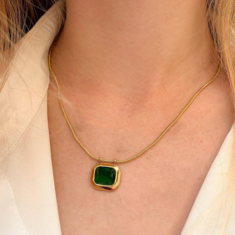 Gold Plated Anti Tarnish Stainless Steel Green CZ studded Geometric Rectangular Pendant