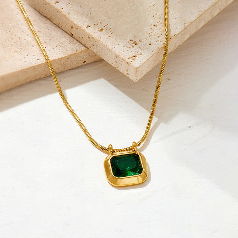 Gold Plated Anti Tarnish Stainless Steel Green CZ studded Geometric Rectangular Pendant