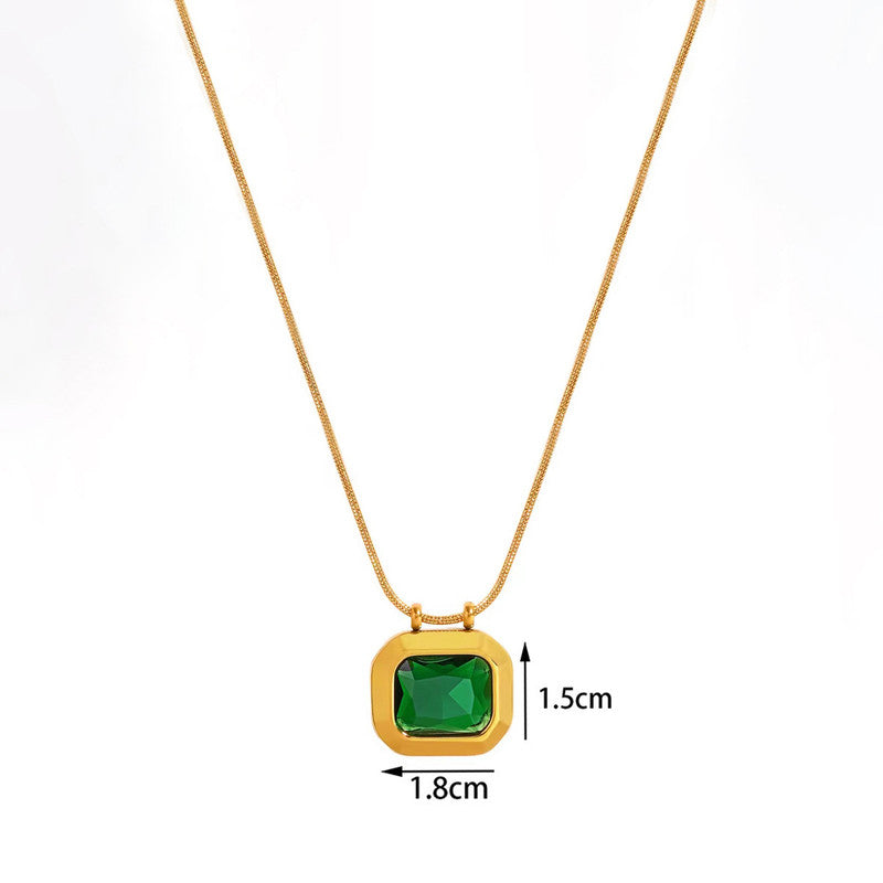 Gold Plated Anti Tarnish Stainless Steel Green CZ studded Geometric Rectangular Pendant