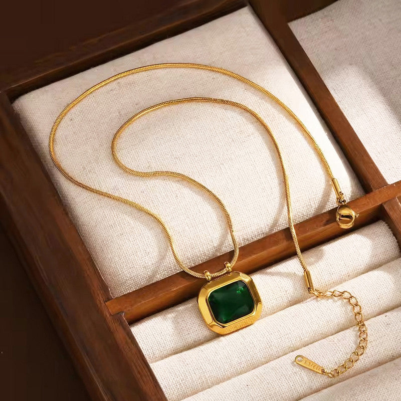 Gold Plated Anti Tarnish Stainless Steel Green CZ studded Geometric Rectangular Pendant