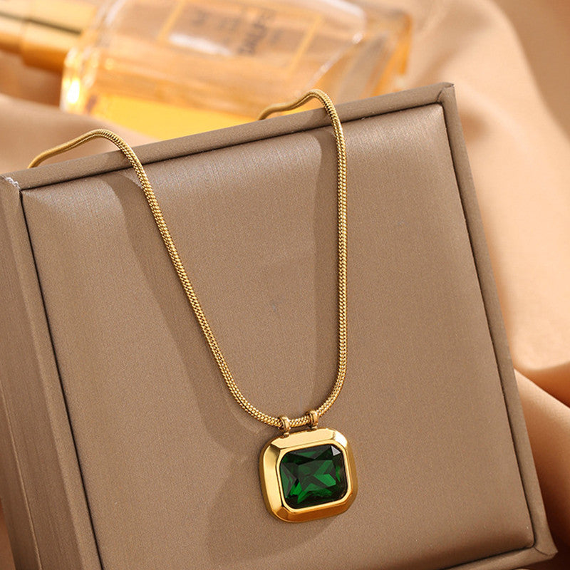 Gold Plated Anti Tarnish Stainless Steel Green CZ studded Geometric Rectangular Pendant