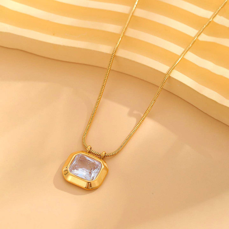 Gold Plated Anti Tarnish Stainless Steel White CZ studded Geometric Rectangular Pendant