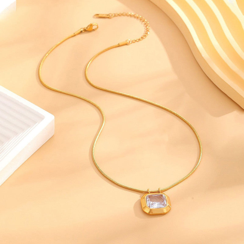 Gold Plated Anti Tarnish Stainless Steel White CZ studded Geometric Rectangular Pendant