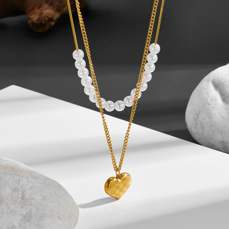 Gold Plated Anti Tarnish Stainless Steel Heart Themed Pearl Studded Pendant