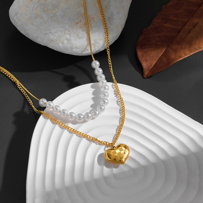 Gold Plated Anti Tarnish Stainless Steel Heart Themed Pearl Studded Pendant