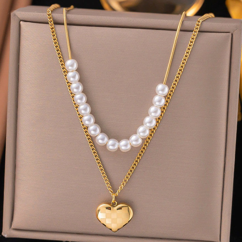 Gold Plated Anti Tarnish Stainless Steel Heart Themed Pearl Studded Pendant