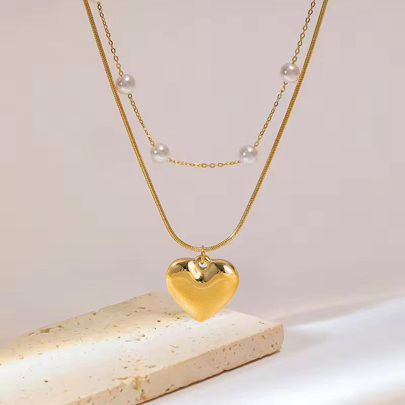 Gold Plated Anti Tarnish Stainless Steel Heart Themed Pearl Studded Pendant