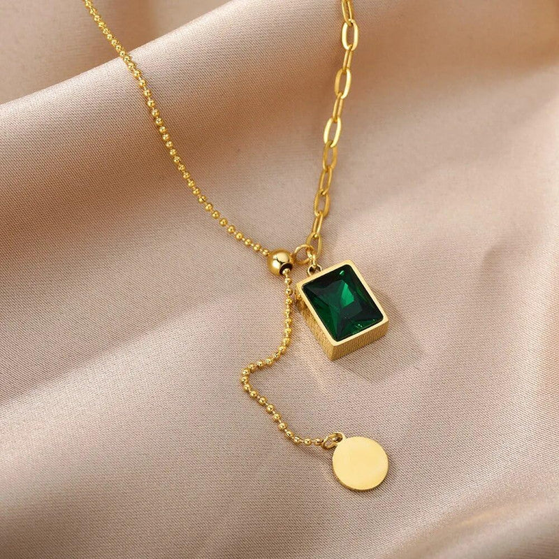 Gold Plated Anti Tarnish Stainless Steel Geometric Green Pendant Necklace