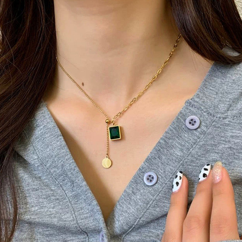 Gold Plated Anti Tarnish Stainless Steel Geometric Green Pendant Necklace