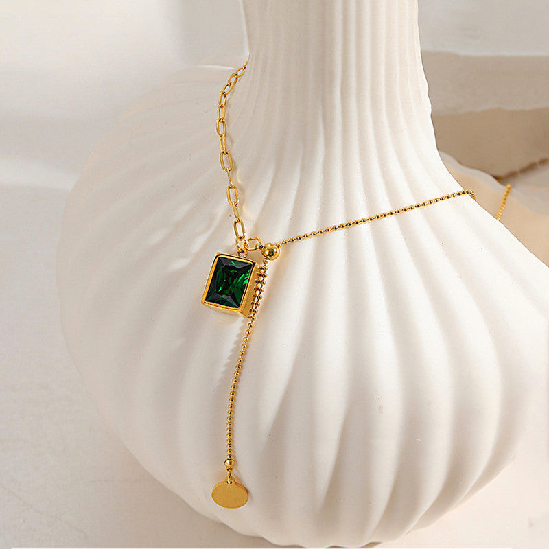 Gold Plated Anti Tarnish Stainless Steel Geometric Green Pendant Necklace