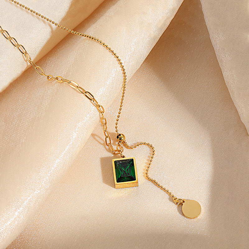 Gold Plated Anti Tarnish Stainless Steel Geometric Green Pendant Necklace