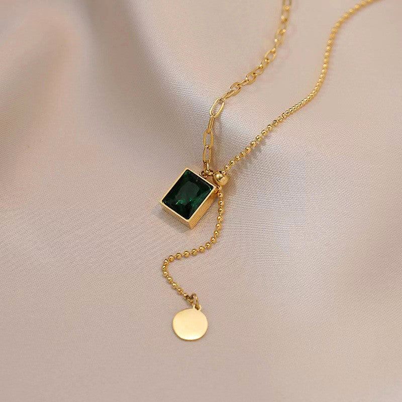 Gold Plated Anti Tarnish Stainless Steel Geometric Green Pendant Necklace