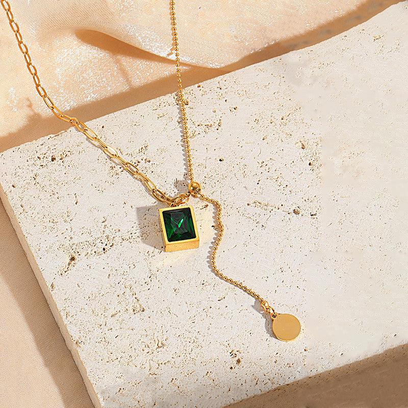 Gold Plated Anti Tarnish Stainless Steel Geometric Green Pendant Necklace