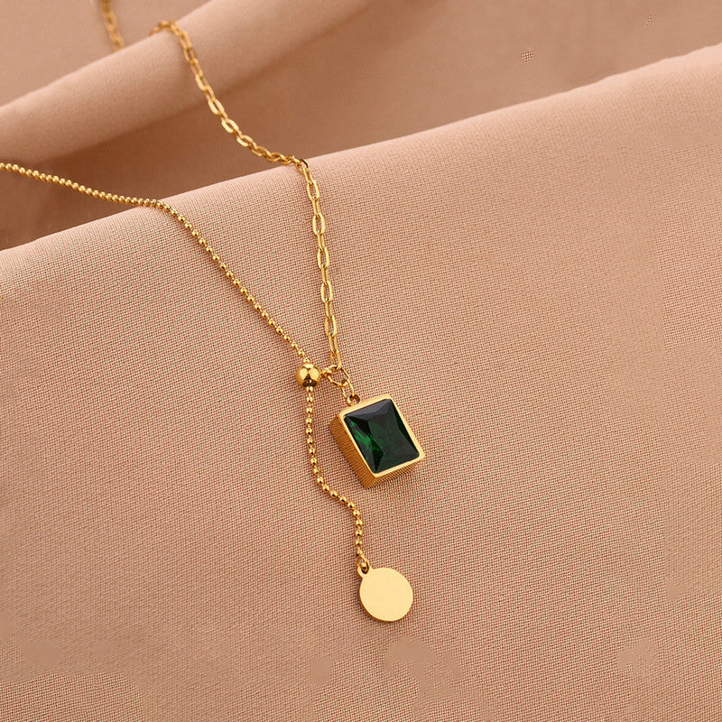 Gold Plated Anti Tarnish Stainless Steel Geometric Green Pendant Necklace