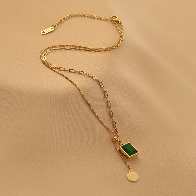 Gold Plated Anti Tarnish Stainless Steel Geometric Green Pendant Necklace
