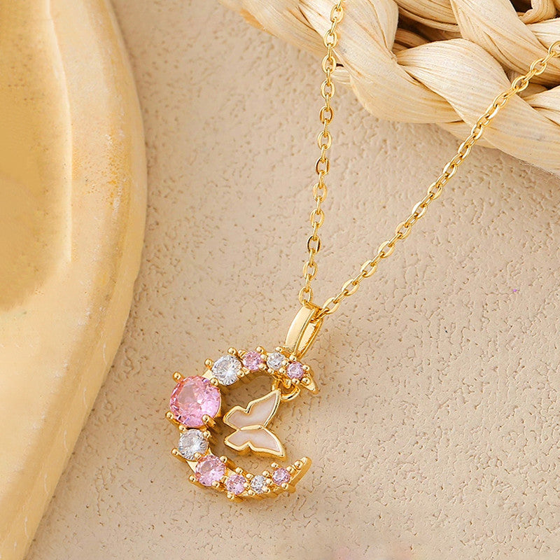 Gold Plated Anti Tarnish Stainless Steel Butterfly-Moon Themed Pendant