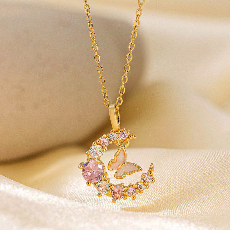 Gold Plated Anti Tarnish Stainless Steel Butterfly-Moon Themed Pendant