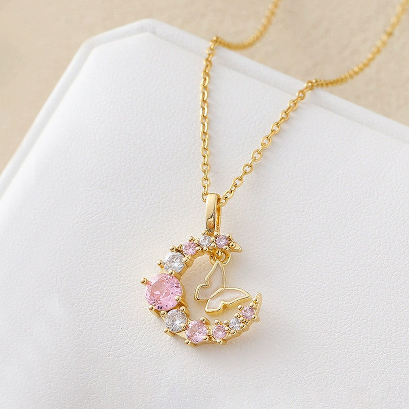 Gold Plated Anti Tarnish Stainless Steel Butterfly-Moon Themed Pendant