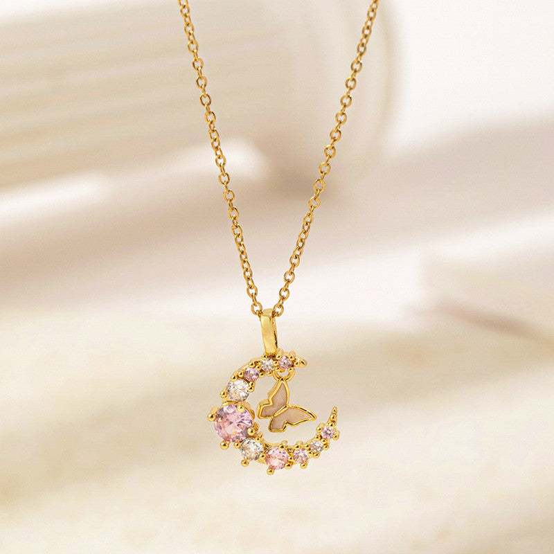 Gold Plated Anti Tarnish Stainless Steel Butterfly-Moon Themed Pendant