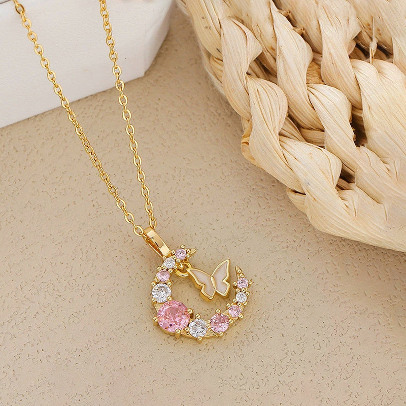 Gold Plated Anti Tarnish Stainless Steel Butterfly-Moon Themed Pendant