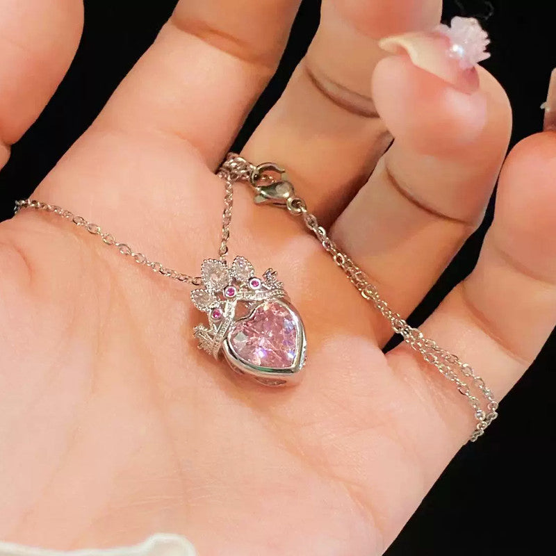 Gold Plated Anti Tarnish Stainless Steel Heart Themed Pink Crown Pendant